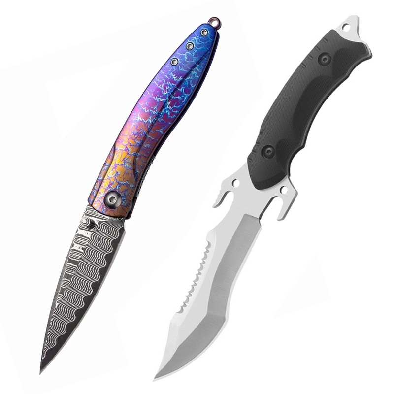 Colorful Titanium Damascus Folding Knife & Serrated Fixed Blade Knife G10 HandleColorful Titanium Damascus Folding Knife & Serrated Fixed Blade Knife G10 Handle