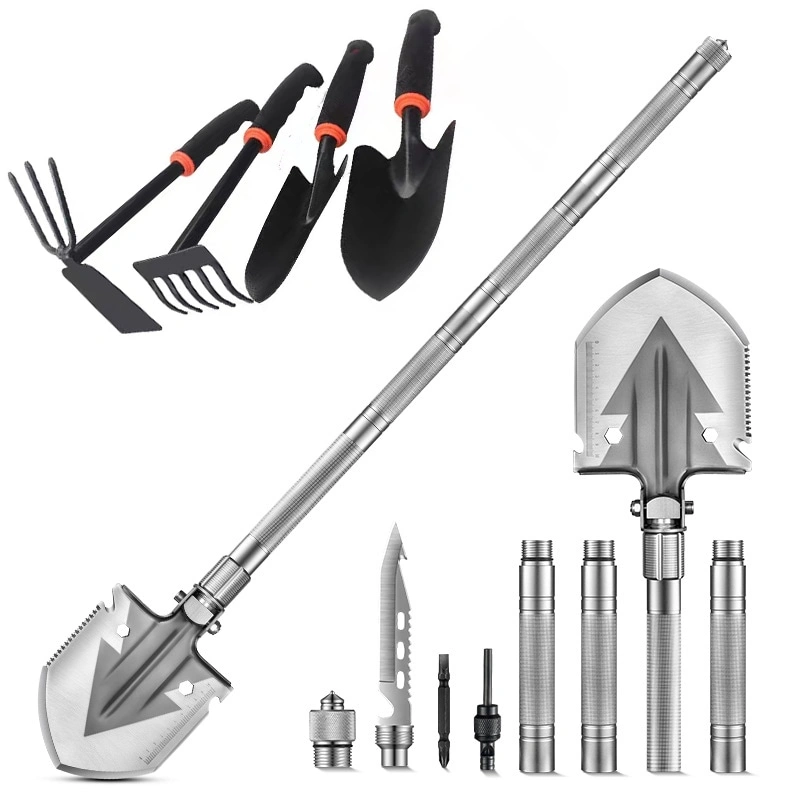 Stainless Steel Collapsible Entrenching Tool with Saw Pickaxe Fire Starter & Drill Bits